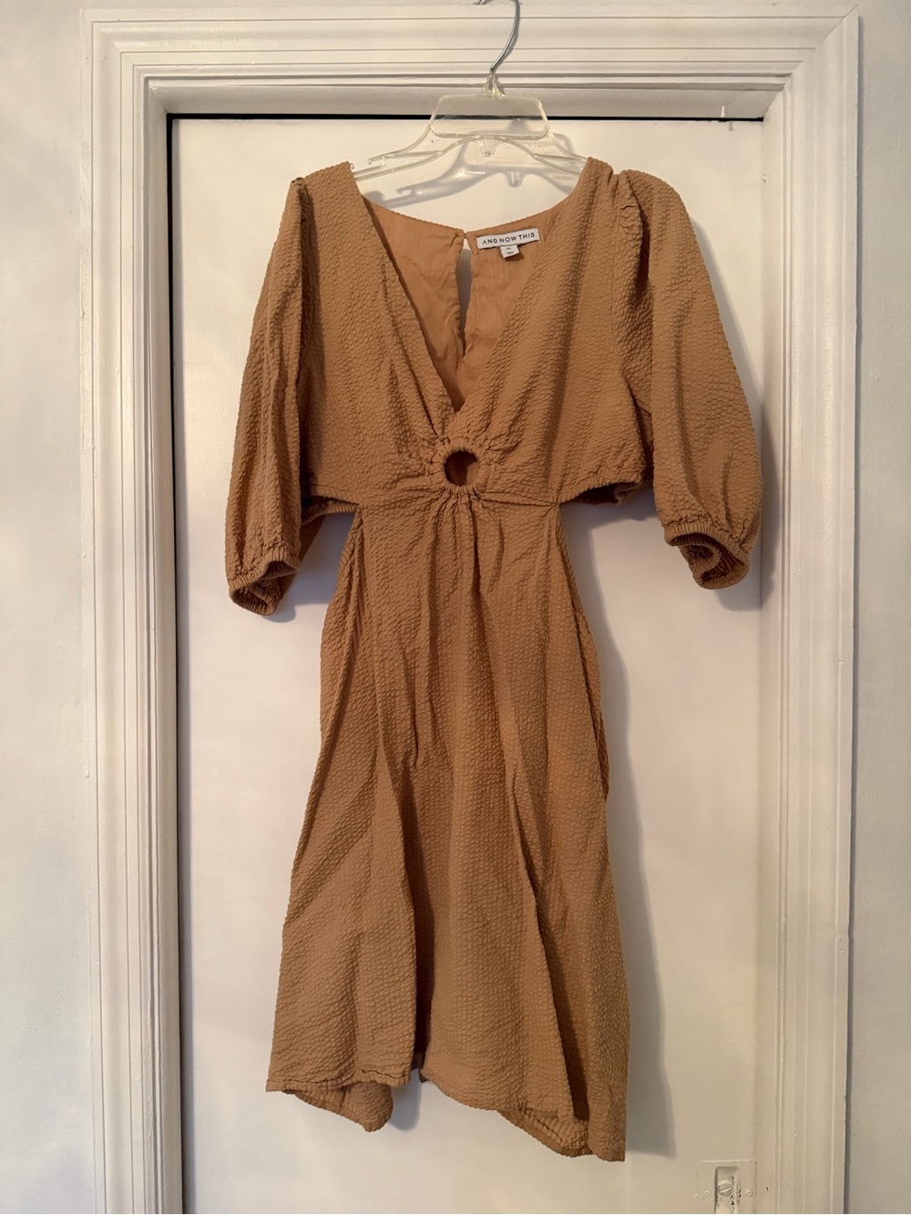 Textured Camel Midi Dress with Ring Waist and Side Cut-outs - Size XL
